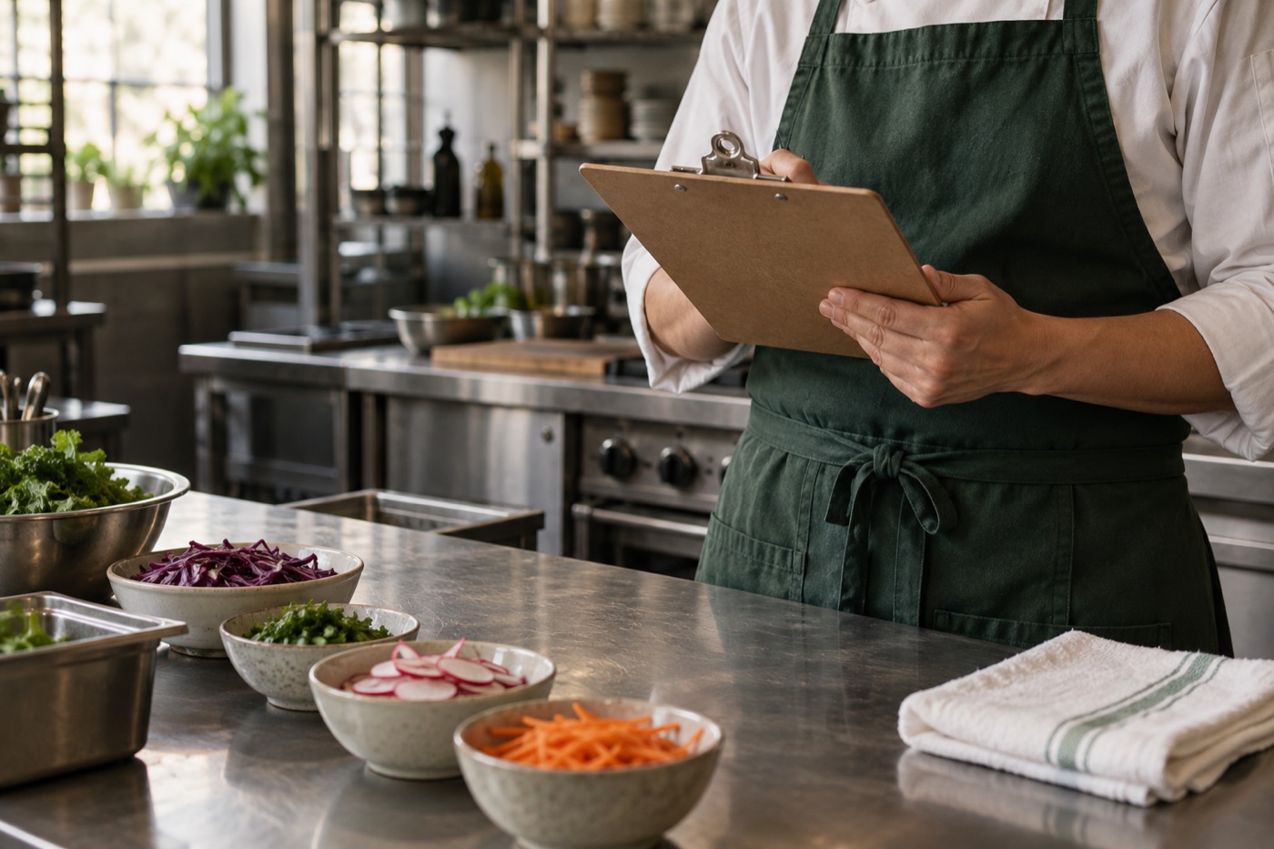 A kitchen worker reviewing a clipboard during food preparation
